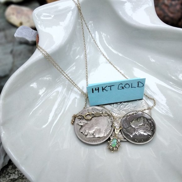 Solid 14kt Gold & Opal w/Diamond Necklace - Picture 4 of 5